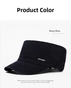 Detail of navy blue military cap showing SPORT metal logo and reinforced stitching