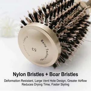 Professional 53mm gold ceramic round hair brush with nylon and boar bristles for styling