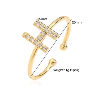 Adjustable gold letter H ring with cubic zirconia stones, size 14.7mm and weight 1g