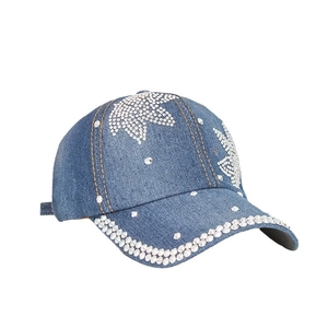 Denim blue baseball cap with white rhinestones leaf pattern and wide brim for women