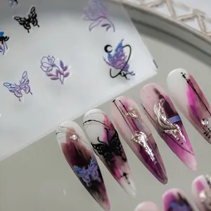 3D relief nail art stickers with butterfly and floral designs in purple and magenta