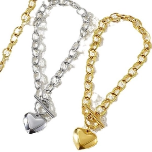 Minimalist gold and silver titanium steel heart pendant necklace set with toggle clasp