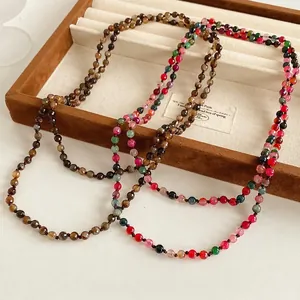 Bohemian agate beaded long necklace featuring colorful natural round stone pendants for women