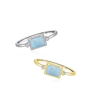 Minimalist S925 sterling silver ring with blue rectangle opal and zircon accents