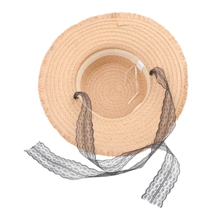 Elegant beige straw sun hat with black lace ribbon and fringed brim for summer beachwear