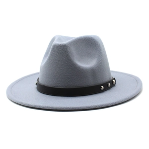 Light gray wool fedora hat with wide brim, black leather band and silver rivet accents