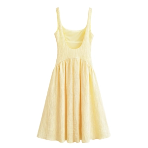 Women sleeveless light yellow backless midi dress with unique crinkled tree texture fabric