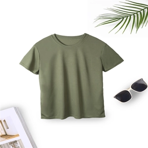 Army green casual fitness t-shirt with crew neck on white background with summer props