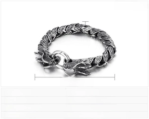 Detail of vintage steel dragon head bracelet featuring intricate floral carvings and clasp