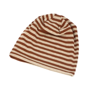 Detail of coffee brown and beige striped knit cotton beanie with soft elastic texture