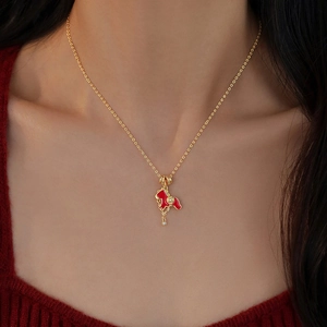 Horse Pendant Necklace Red Enamel Copper 18K Gold Plated Zircon Lucky Zodiac Clavicle Chain Jewelry Women