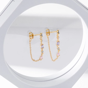 Detailed view of S925 silver chain earrings with colorful cubic zirconia on white stand