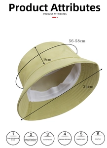 Detailed size chart of a light green cotton bucket hat showing 56-58cm circumference