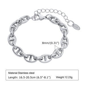 Silver stainless steel 8mm anchor chain bracelet with size labels and lobster clasp