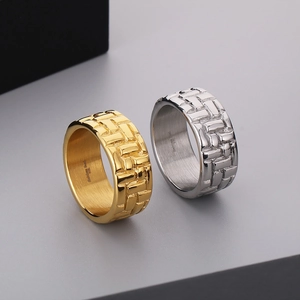 Vintage irregular textured 316L stainless steel wide band ring in gold and silver