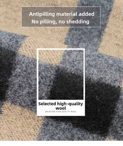 Macro shot of high-quality wool fabric with anti-pilling texture and beige plaid pattern