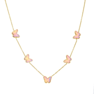 Gold stainless steel necklace with five pink gradient butterfly charms on white background