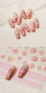 Détails macro de stickers ongles 3D pêche avec dégradé rose et accents pailletés