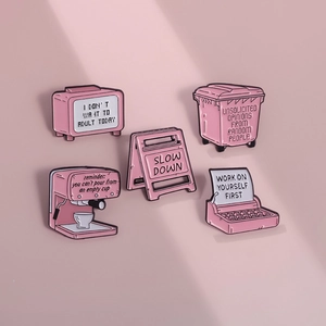 5-piece set of pink enamel pins featuring cartoon coffee machine and typewriter designs