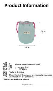 Detail view of light blue mesh storage bag with 15x20cm size and weight specifications