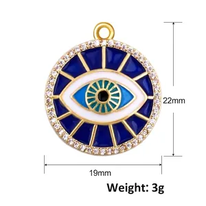 Detailed view of evil eye pendant showing 19mm width and 22mm height measurements