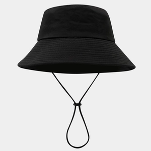 Detail of black quick-dry sun hat showing windproof rope and reinforced brim stitching