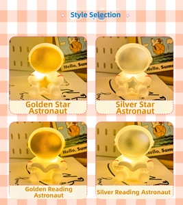 Collage of astronaut night lights in four poses with gold and silver helmet visors