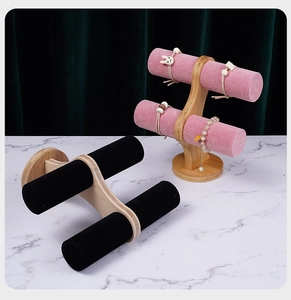 Dual-tier wooden T-bar jewelry display stand with pink and black velvet cylinders