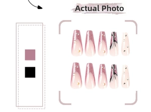 Detail of pink glitter French nails with hand-painted butterfly motifs and small rhinestones