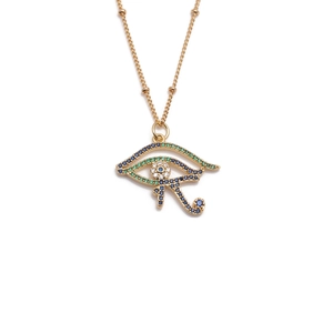 Gold plated copper Horus eye pendant necklace with blue and green zircon gemstones