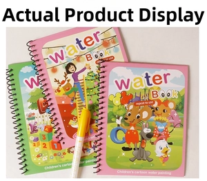 Detailed view of spiral-bound reusable cartoon water painting books with a yellow pen