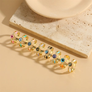 French Retro Evil Eye Enameled Open Ring For Women Adjustable Copper Gold Plated Zirconia Hexagram Finger Ring Jewelry