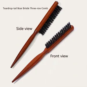 Professional boar bristle teasing brush with wooden handle for hair styling and volume