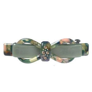 Premium green acetate bow hair clip with tortoiseshell patterns and rhinestone accents