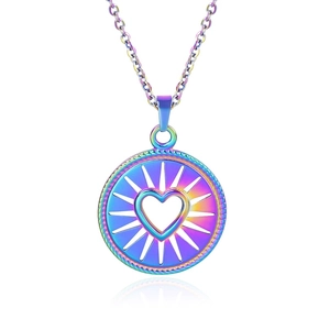 Detailed macro view of rainbow plated stainless steel heart sunburst pendant necklace