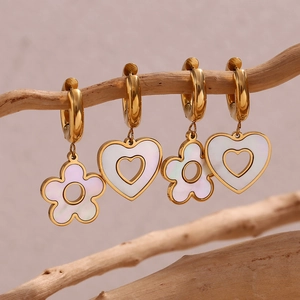 Gold-plated stainless steel hoop earrings with heart and flower shell charms