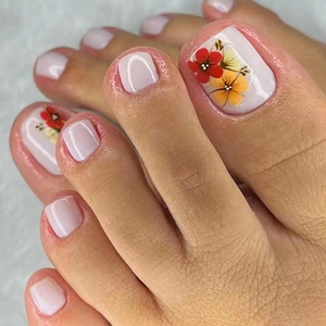 Floral Pattern Press On Toe Nails Sweet Summer Style Orange Flower False Foot Nails Artificial Wearable Toenails