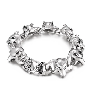 Retro stainless steel men's bracelet with detailed wolf head links and antique silver finish