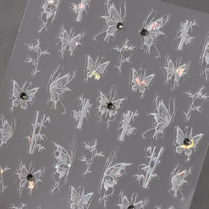 Autocollants ongles papillon et bambou 3D avec fini laser et strass étincelants