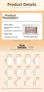 Size chart for nude pink cat eye press-on nails showing 24 pieces in 12 various dimensions