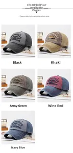 Detail shot of vintage washed cotton baseball caps with letter embroidery in five colors
