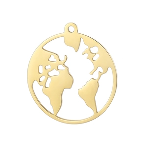 Detailed view of a gold hollow world map circular pendant made of stainless steel