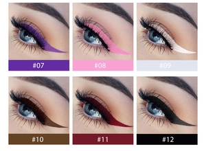 Detailed close-up showing six waterproof eyeliner colors from purple to black on eyes