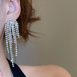 Close-up of sparkling silver tassel earrings with rhinestones worn by a model