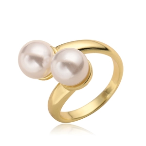 Elegant 18K gold plated open ring featuring dual white pearls in a minimalist design