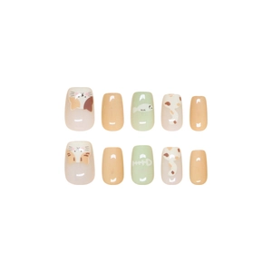 Handmade short square press-on nails set with cute cartoon cat and fish motifs