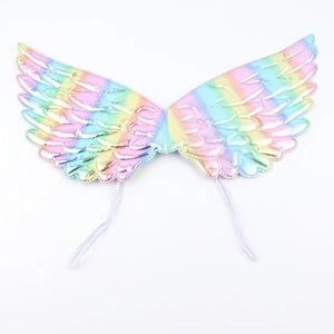 Rainbow gradient angel wings with metallic feather texture and elastic straps for parties