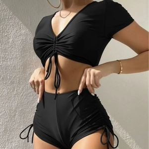 Two-piece black bikini set with V-neck drawstring top and high waist side-tie shorts