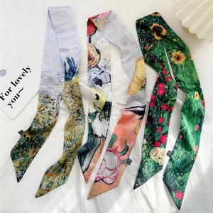 Artistic oil painting style silk skinny scarves with floral and landscape patterns