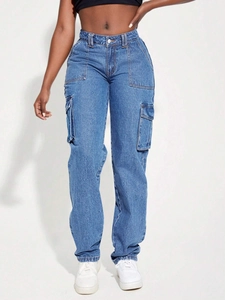 Women Retro Cargo Denim Jeans Multi-Pocket Straight Leg Mid Waist Cotton Blend Washed Casual Streetwear Fashion Pants